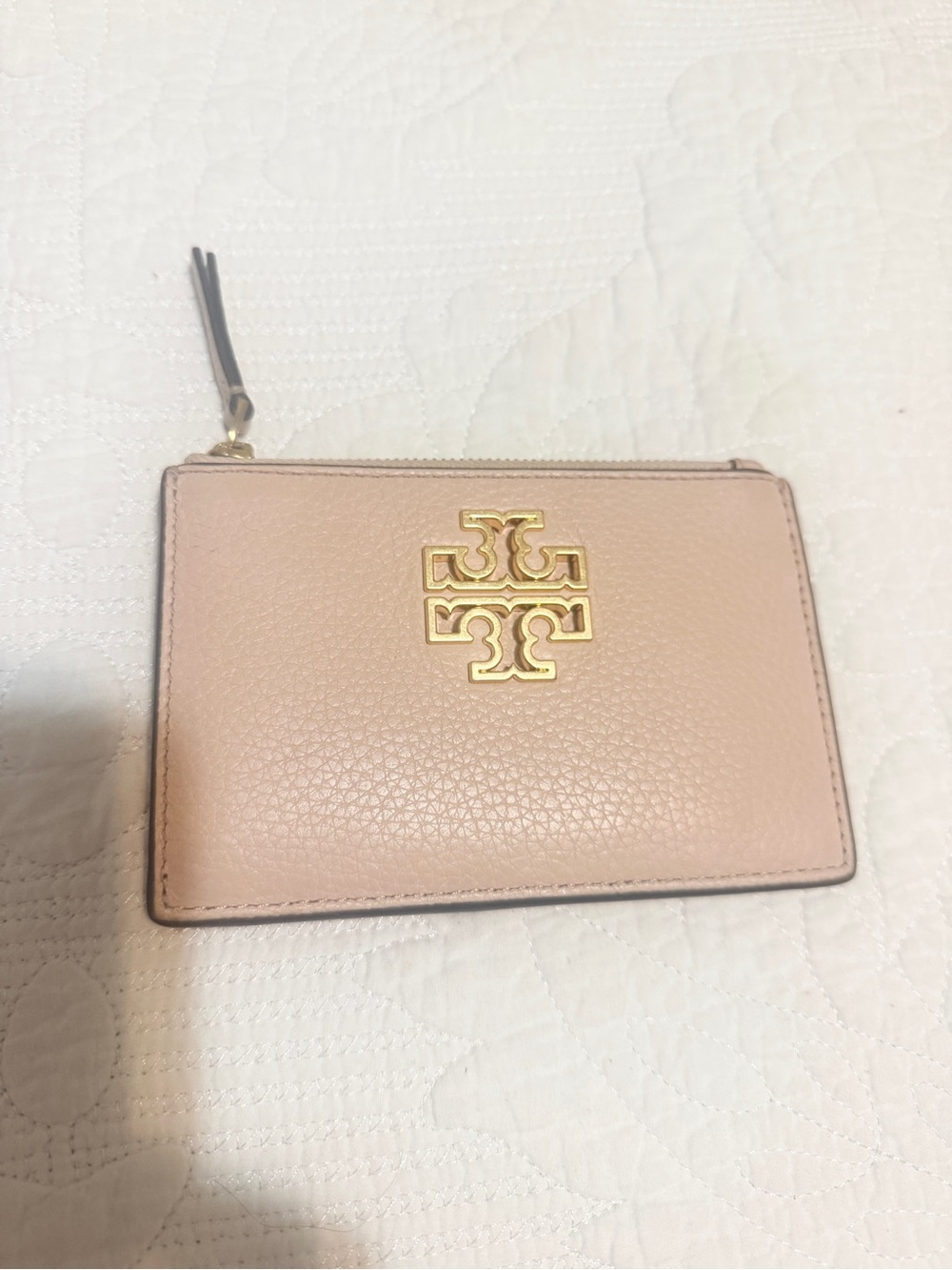 Tory Burch Blush Pink Leather Zip Card Case with Gold Logo